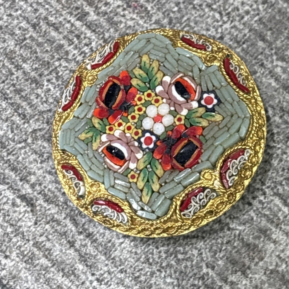 Vintage Micro Mosaic Brooch Antique Floral Pin Marked Italy - Picture 4 of 5